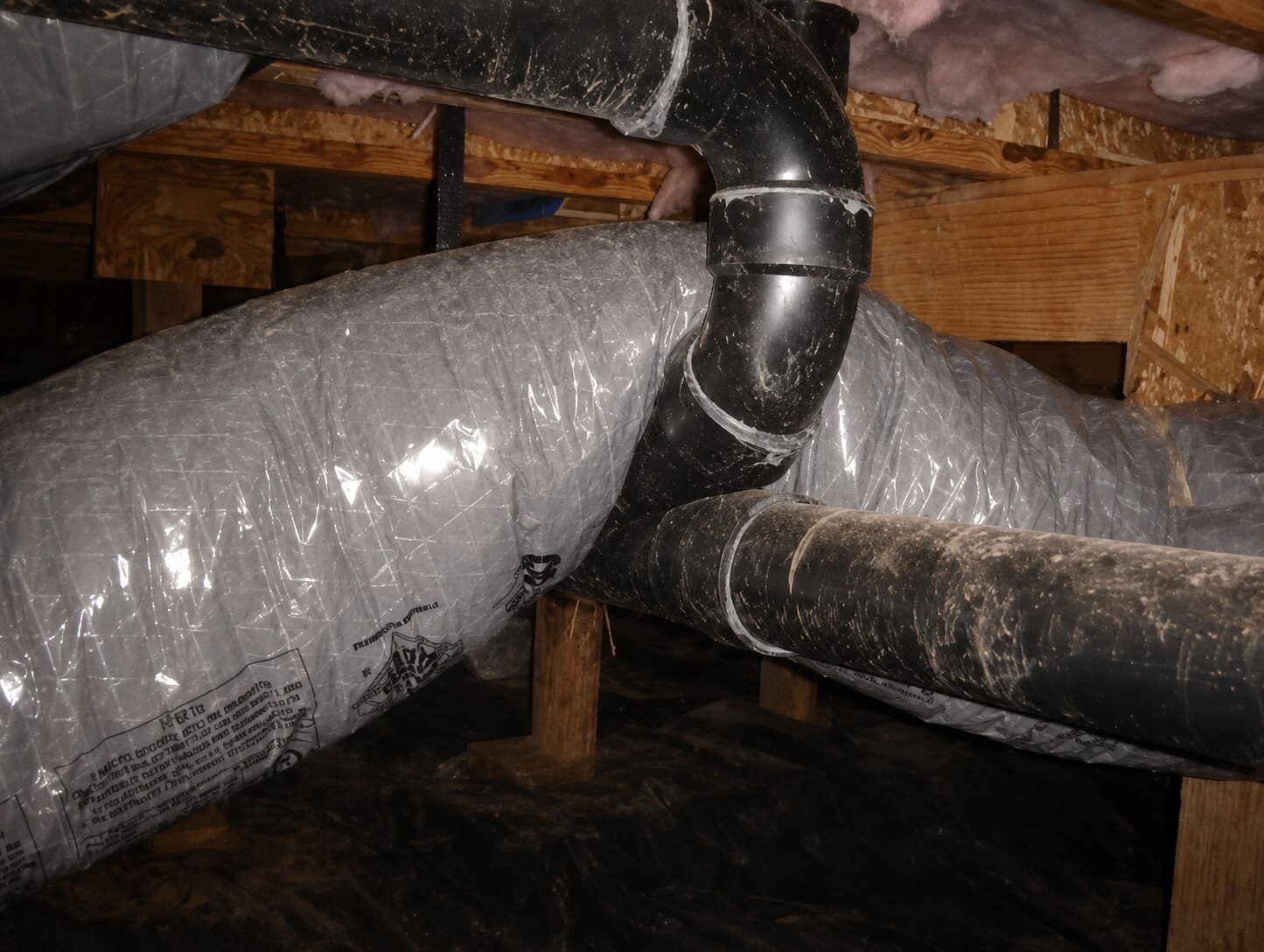 Photo of crushed/kinked flex duct in attic showing the restriction point, causing the AC to not keep up.